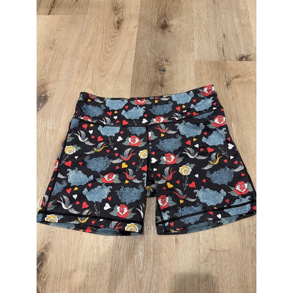 IAB MFG Womens Tattoo Print Athletic Shorts Black Swallow Rose Hearts Size L 10